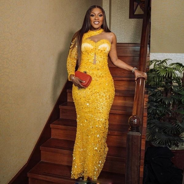 party dresses charming yellow sequins beads evening mermaid designer single long sleeves one shoulder women formal prom gowns african 230208, White;black